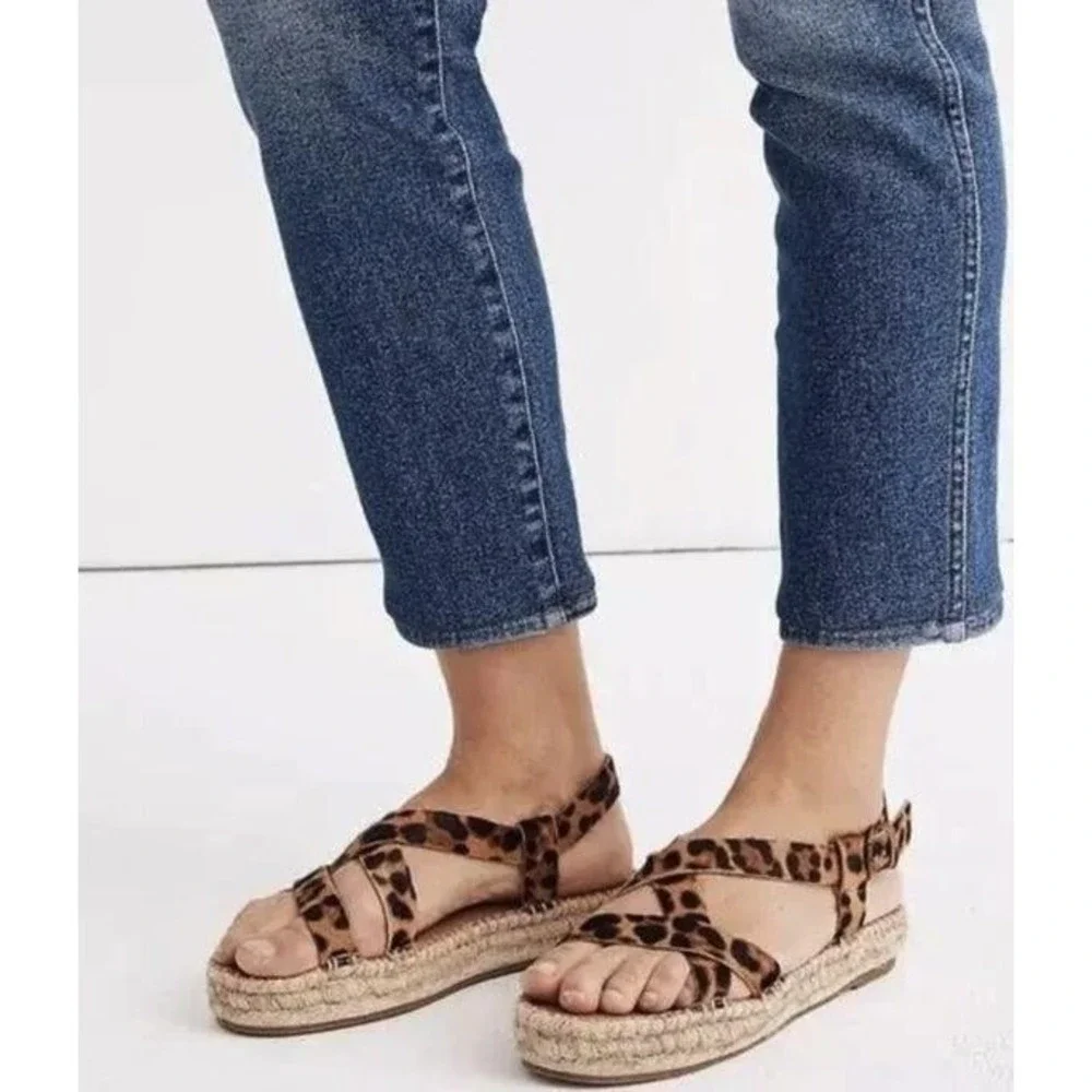 Madewell Boardwalk Leopard Calf Hair Espadrille Sandals Womens Size 8.5 Brown